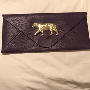 Purple clutch with gold tiger